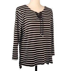 RAFAELLA L Cotton 3/4 Sleeve Black‎ White Stripe Tee Top Lace Up High-Low Hem